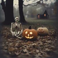 ai genererad halloween pumpor och skelett Sammanträde i de trän foto