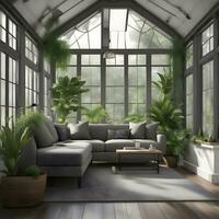 ai genererad en stor rum med en soffa, växter och en fönster foto