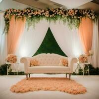 ai genererad en bröllop skede med en vit soffa och blommig dekorationer foto