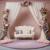 ai genererad en vit soffa i främre av en rosa bakgrund foto