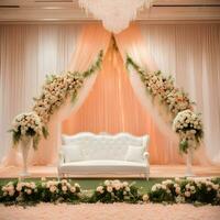 ai genererad en bröllop skede med vit soffor och blommor foto