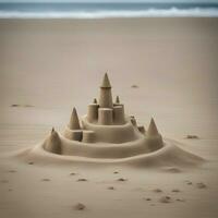 ai genererad en sand slott på de strand med en hav i de bakgrund foto