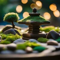 ai genererad en miniatyr- trädgård med en sten pagod och en träd foto