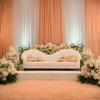 ai genererad ett elegant bröllop skede med vit soffor och blommor foto