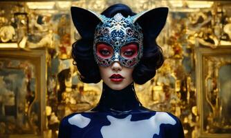 ai genererad mode skott av en skön kvinna i en karneval mask. ai generativ. ai generativ foto