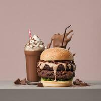 ai genererad en hamburgare med choklad och en milkshake foto