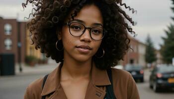 ai genererad porträtt av en skön ung afrikansk amerikan kvinna i glasögon utomhus. ai generativ foto