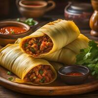 ai genererad mexikansk mat tamales med sås och grönsaker på trä- tabell foto