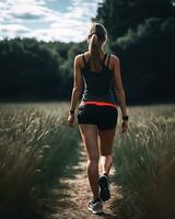 ai genererad atletisk ung kvinna löpning i en fält på solnedgång. ai generativ foto