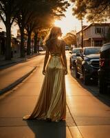 ai genererad skön ung kvinna i en lång gul klänning gående på de gata på solnedgång. ai generativ foto