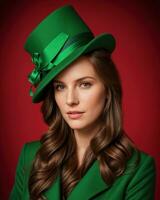 ai genererad porträtt av en skön ung kvinna i grön täcka och röd hatt. ai generativ. ai generativ foto