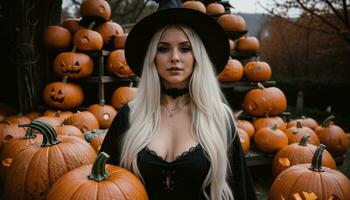 ai genererad skön ung kvinna i svart klänning och hatt på de bakgrund av halloween pumpor. ai generativ foto