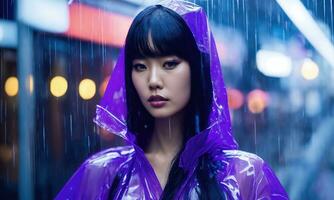 ai genererad skön asiatisk kvinna i lila regnkappa gående i de stad. ai generativ foto