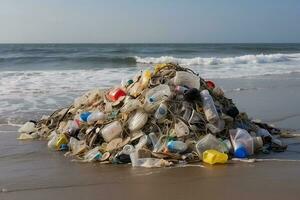 ai genererad plast påsar och Övrig skräp på de strand foto