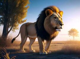 ai genererad en lejon stående i de gräs på solnedgång foto
