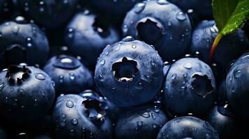ai genererad färsk blåbär med blänkande droppar av vatten tittade från ovan foto