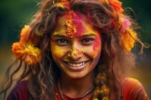ai genererad ung skön kvinnor är njuter holi festival tillsammans, med måla på deras ansikten, måla på de jord, generativ ai foto