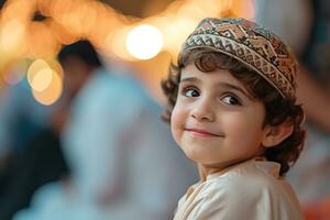 ai genererad en skön liten pojke bär traditionell arabicum trasa ai generativ foto