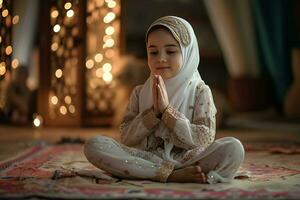 ai genererad en barn klädd i arabicum klädsel, praktiserande de islamic tro, engagerar i bön ai generativ foto
