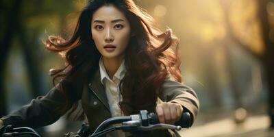 ai genererad elegant kontorsstil asiatisk flicka på cykel. ai generativ. foto