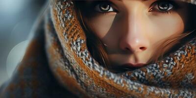 ai genererad intim porträtt av en kvinna med levande mun och färgrik scarf. ai generativ. foto