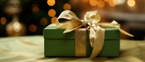 ai genererad grön gåva låda med guld band, festlig jul miljö. ai generativ. foto