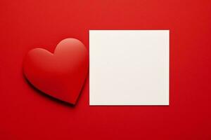 ai genererad en tom ark av papper och en hjärta på en röd bakgrund foto