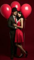 ai genererad en man och kvinna i en röd klänning innehav röd ballonger foto