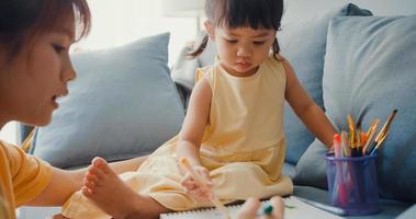 glad glad Asien familj mamma lära flicka måla använda album och färgglada pennor ha kul koppla av på soffan i vardagsrummet hemma. umgås tillsammans, social distans, karantän för coronavirus. foto