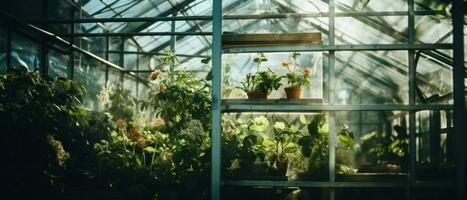 ai genererad lugn växthus fylld med frodig grönska och vibrerande flora. ai generativ. foto