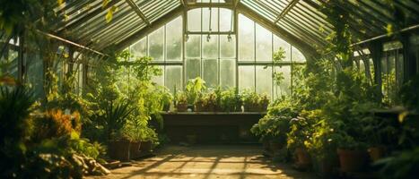 ai genererad lugn växthus fylld med frodig grönska och vibrerande flora. ai generativ. foto