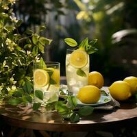 hemlagad traditionell citronsaft i glas glasögon på de tabell förbi de fönster i stil rustik foto