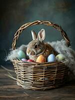 ai genererad söt påsk kanin i korg med ägg på mörk bakgrund. ai generation foto