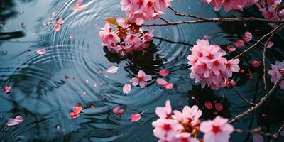 ai genererad sakura blommor och kronblad flyta på de yta av de vatten. hanami. ai generation. foto