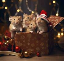 ai genererad rolig liten möss i en festlig låda, jul atmosfär. bakgrund festlig bokeh foto