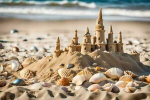 ai genererad en slott tillverkad ut av sand och skal på de strand foto