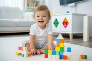 ai genererad bebis spelar med färgrik block på matta. bebis t-shirt mockup. foto