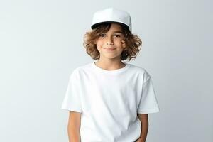 ai genererad söt pojke i vit t-shirt och keps. barn t-shirt mockup. foto