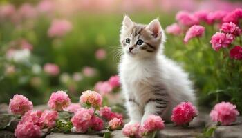 ai genererad en kattunge är Sammanträde i en fält av rosa blommor foto