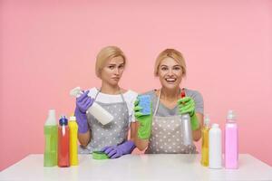 ung Söt blond tvillingar med naturlig smink bär arbetssätt kläder medan rengöring hus, Sammanträde över rosa bakgrund med flaskor av hushåll kemikalier foto