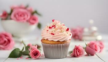 ai genererad muffin med rosa glasyr på vit tabell med rosa ro foto