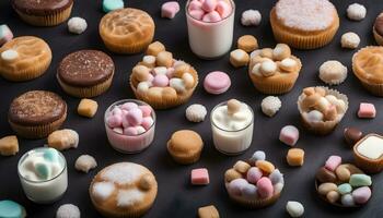 ai genererad olika typer av sötsaker och desserter på en svart bakgrund foto