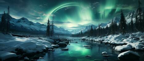 ai genererad aurora borealis över ren snöig landskap foto