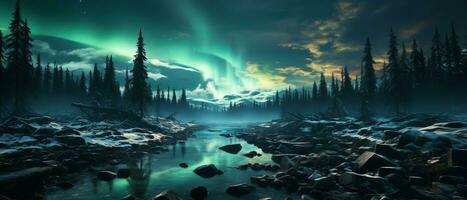 ai genererad aurora borealis över ren snöig landskap foto