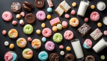 ai genererad sortiment av färgrik sötsaker och sötsaker på en svart bakgrund foto
