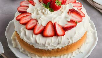 ai genererad en kaka med jordgubbar på topp foto