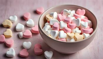 ai genererad en skål av marshmallows med hjärtan i den foto