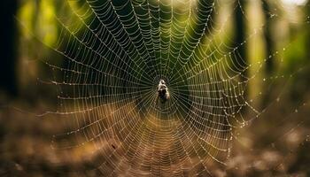 ai genererad en Spindel webb i de mitten av en skog foto