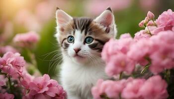 ai genererad en kattunge är Sammanträde i de mitten av rosa blommor foto