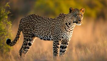 ai genererad en leopard är stående i de gräs i de Sol foto